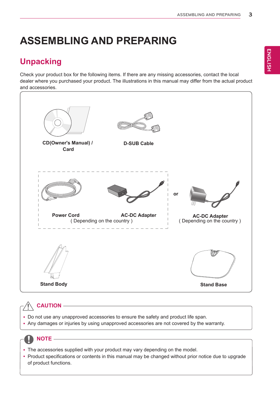 Assembling and preparing, Unpacking, Assembling and prepar | LG 24M45H-B User Manual | Page 3 / 29