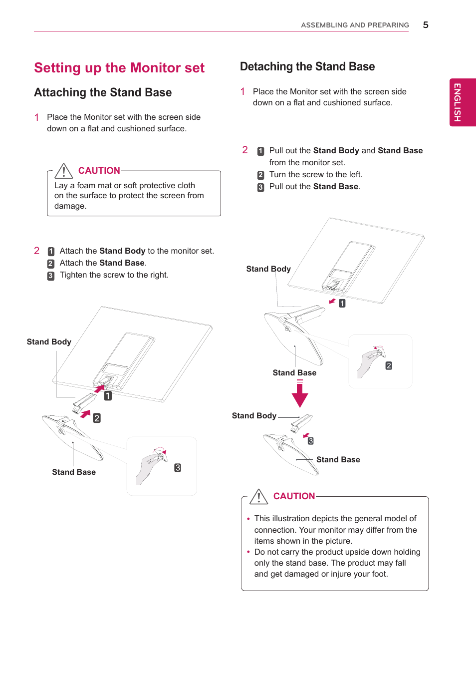Setting up the monitor set, Attaching the stand base, Detaching the stand base | LG 24M45H-B User Manual | Page 5 / 29