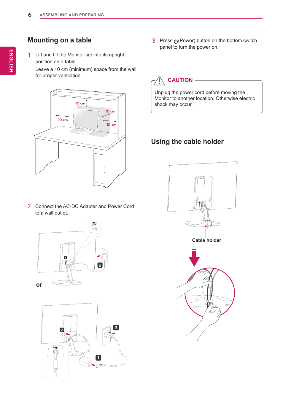 Mounting on a table, Using the cable holder | LG 24M45H-B User Manual | Page 6 / 29