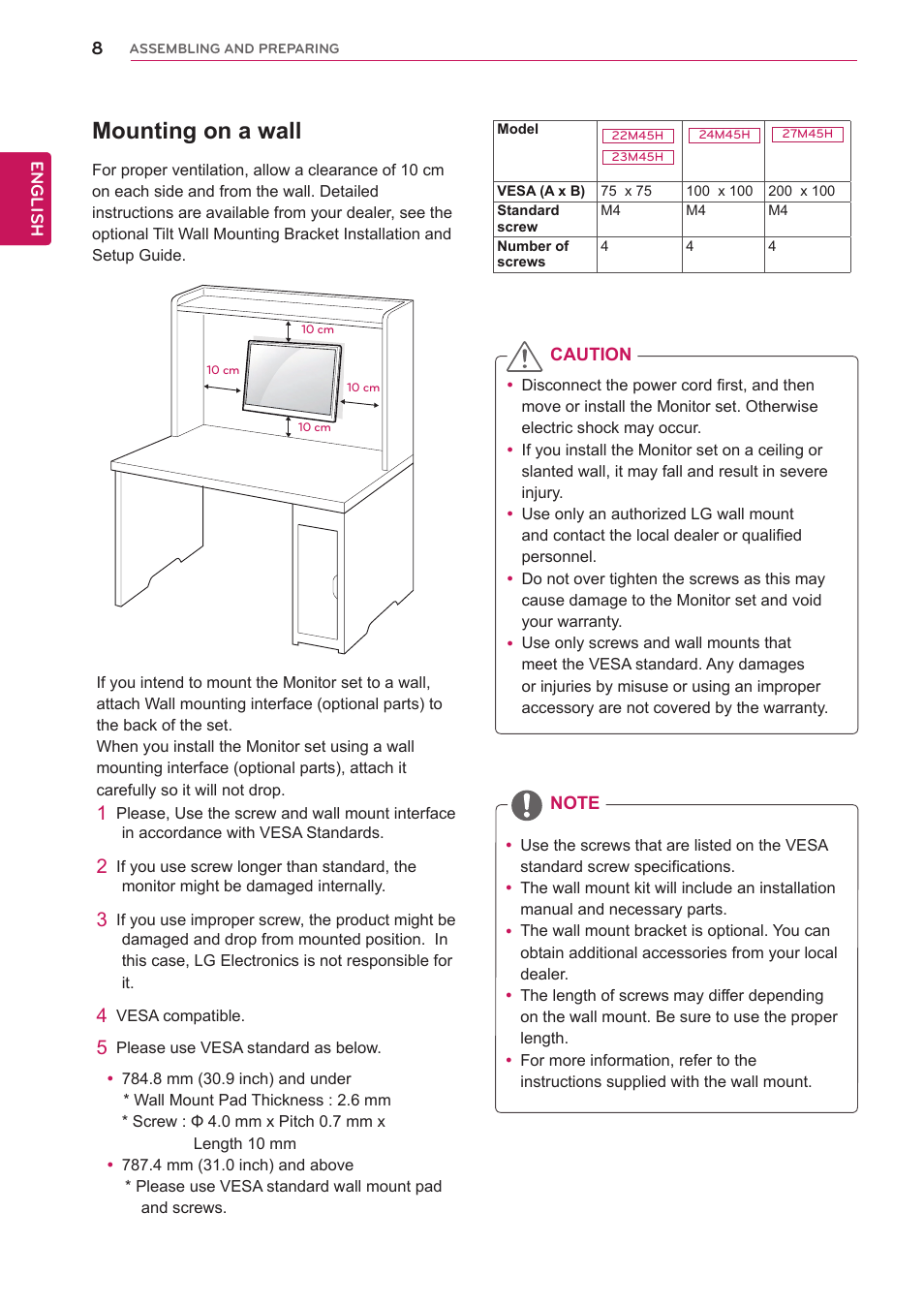 Mounting on a wall | LG 24M45H-B User Manual | Page 8 / 29