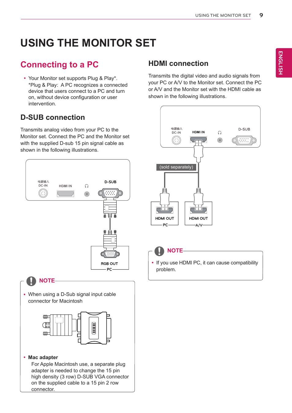 Using the monitor set, Connecting to a pc, D-sub connection | Hdmi connection | LG 24M45H-B User Manual | Page 9 / 29