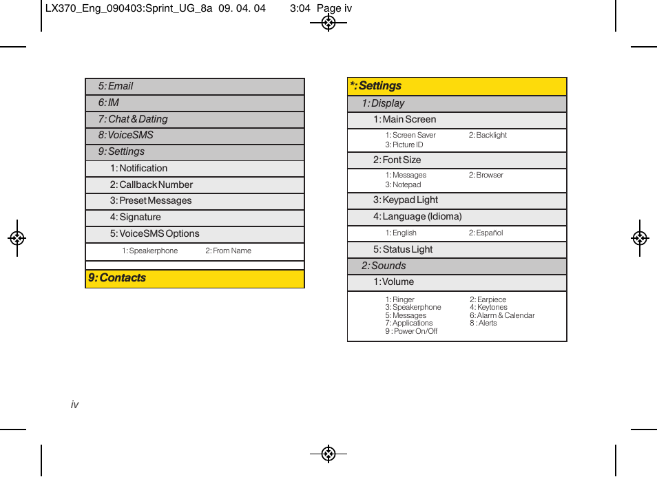 Contacts, Settings | LG LX370 User Manual | Page 10 / 174