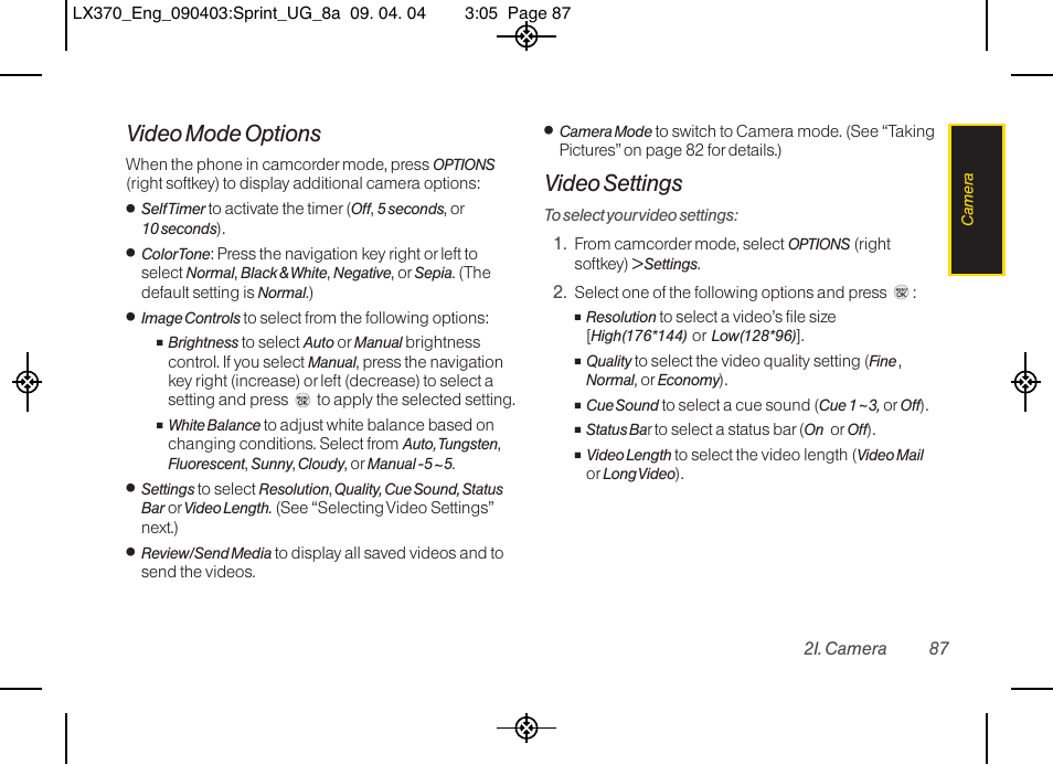 Video mode options, Video settings | LG LX370 User Manual | Page 101 / 174