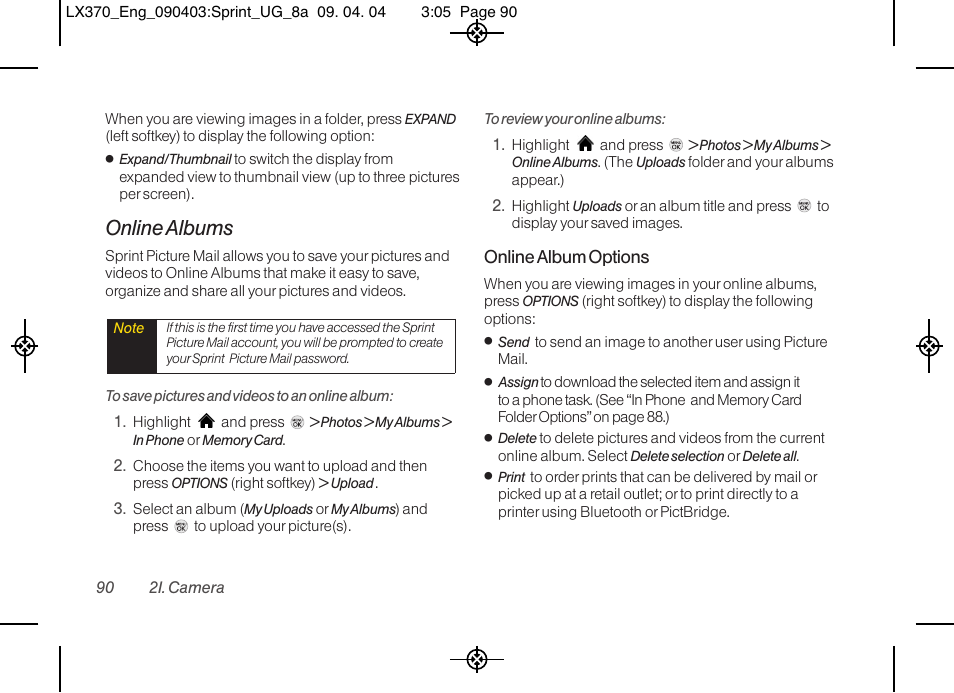 Online albums, Online album options | LG LX370 User Manual | Page 104 / 174