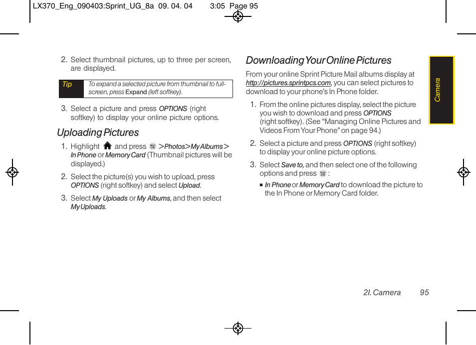 Uploading pictures, Downloadingyour online pictures | LG LX370 User Manual | Page 109 / 174