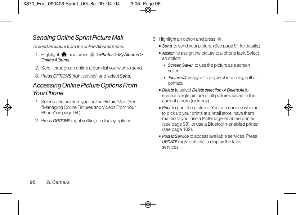 Sending online sprint picture mail, Accessing online picture options from your phone | LG LX370 User Manual | Page 110 / 174