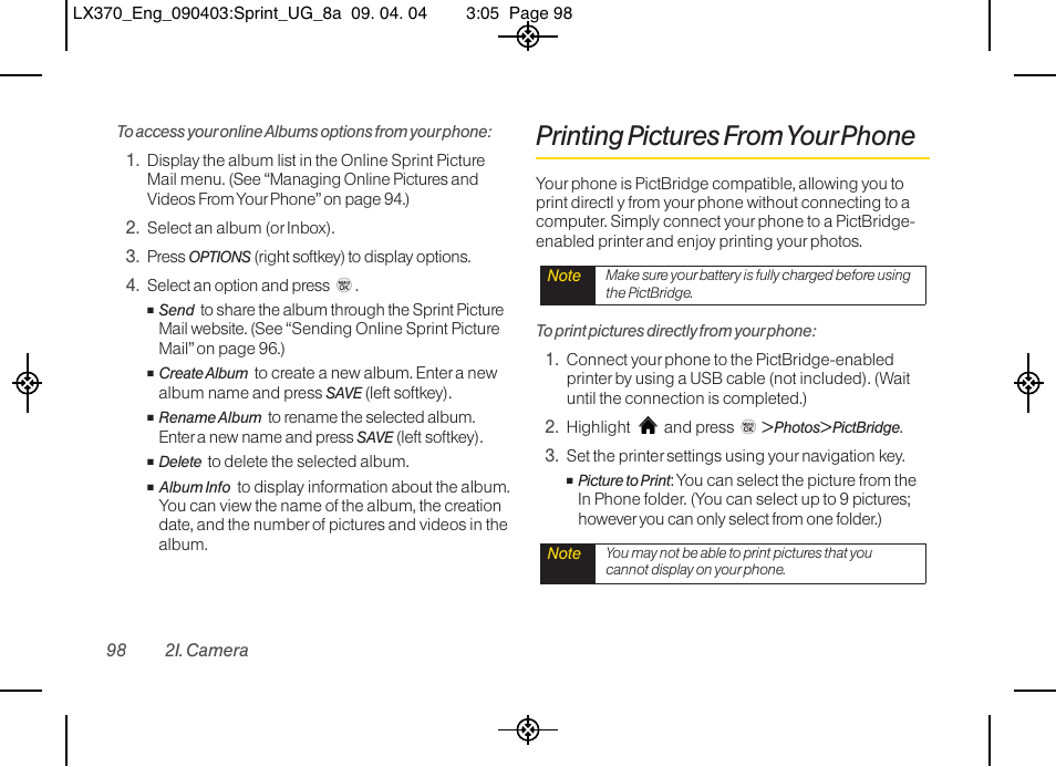 Printing pictures from your phone | LG LX370 User Manual | Page 112 / 174