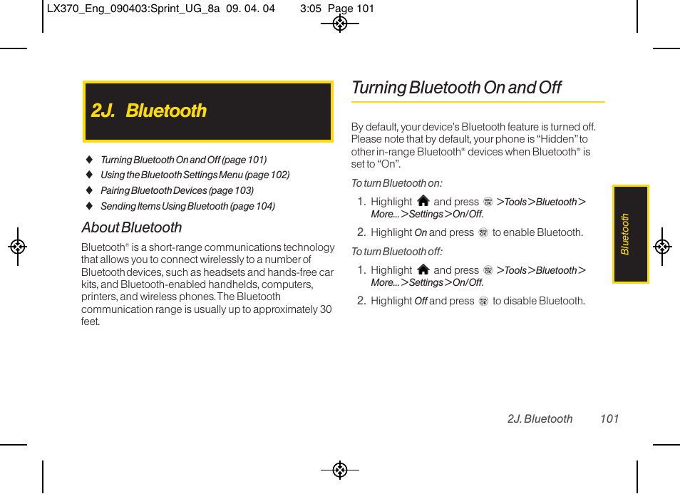 2j. bluetooth, Turning bluetooth on and off, About bluetooth | LG LX370 User Manual | Page 115 / 174