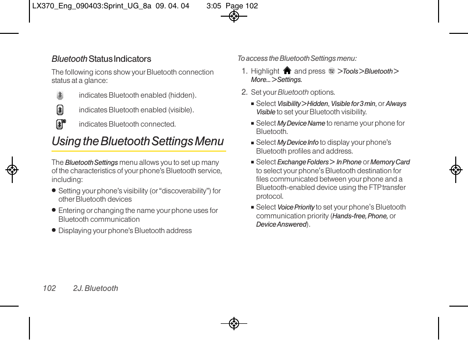 Using the bluetooth settings menu, Bluetooth status indicators | LG LX370 User Manual | Page 116 / 174