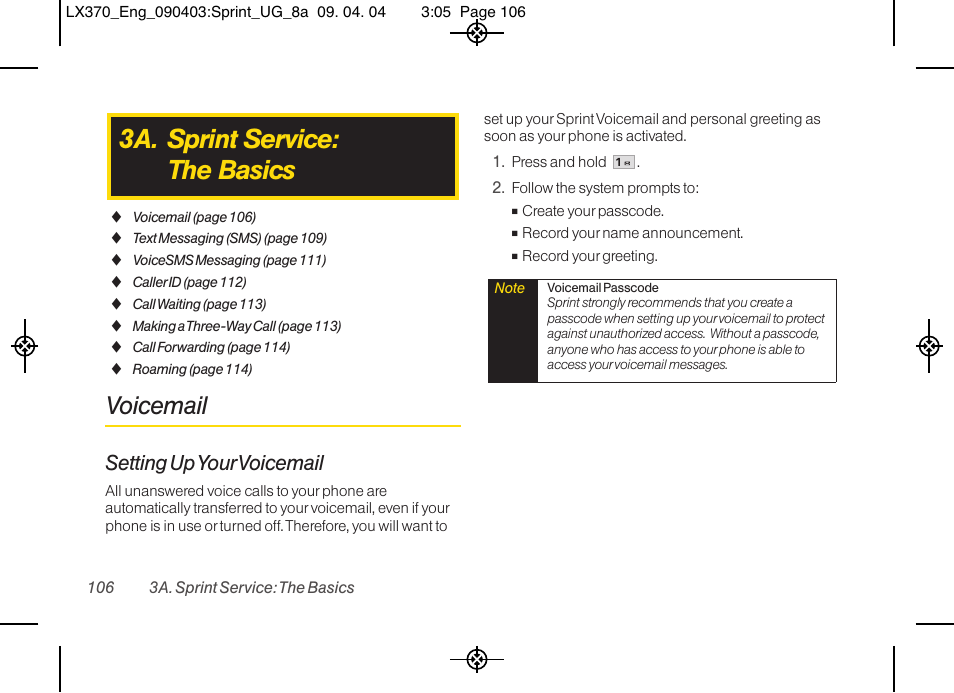 3a. sprint service: the basics, Voicemail, Setting upyour voicemail | LG LX370 User Manual | Page 120 / 174