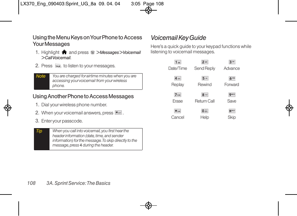 Voicemail key guide | LG LX370 User Manual | Page 122 / 174