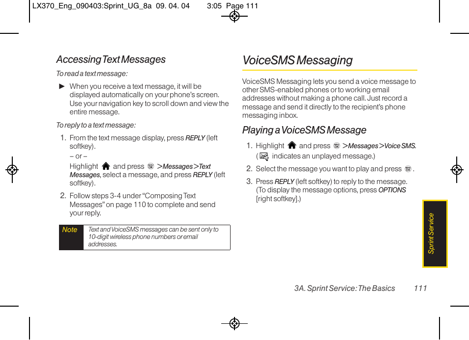 Voicesms messaging, Accessing text messages, Playing a voicesms message | LG LX370 User Manual | Page 125 / 174