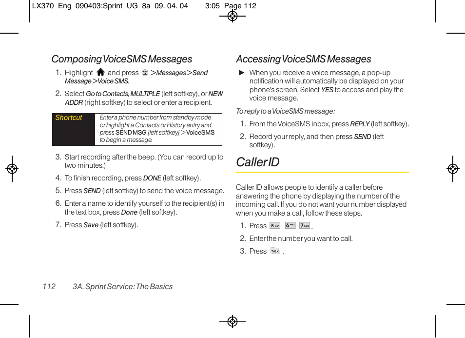 Caller id, Composing voicesms messages, Accessing voicesms messages | LG LX370 User Manual | Page 126 / 174