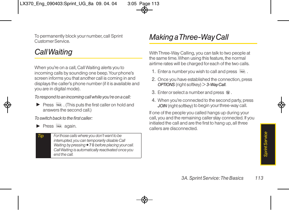 Call waiting, Making a three-way call | LG LX370 User Manual | Page 127 / 174