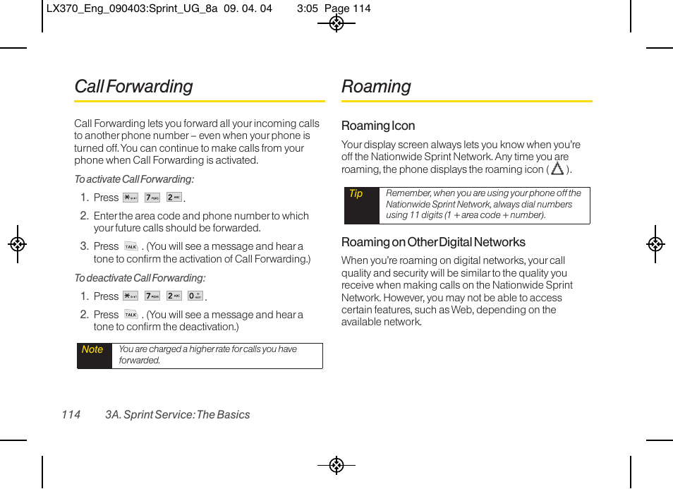 Call forwarding, Roaming | LG LX370 User Manual | Page 128 / 174