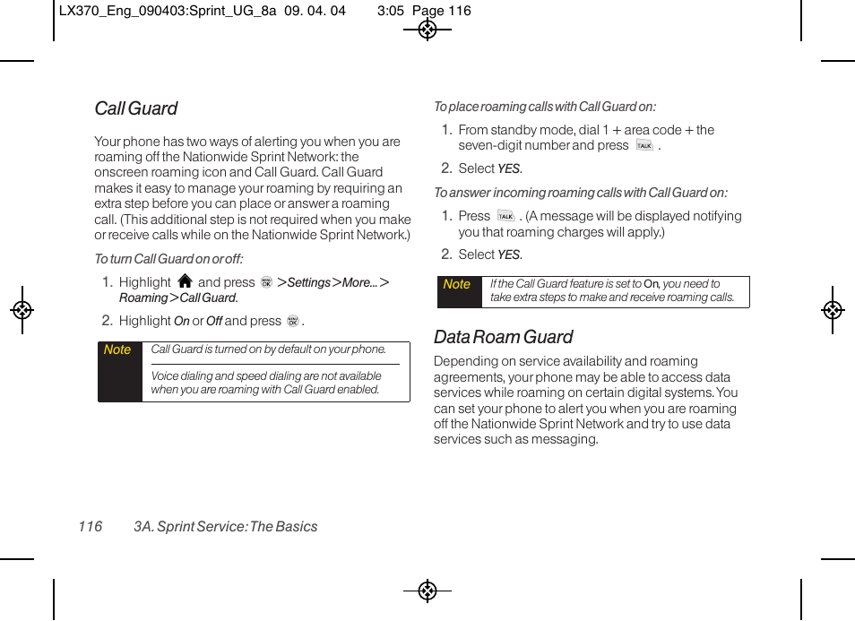 Call guard, Data roam guard | LG LX370 User Manual | Page 130 / 174