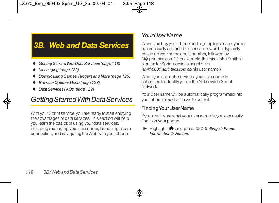 3b. web and data services, Getting started with data services, Your user name | LG LX370 User Manual | Page 132 / 174