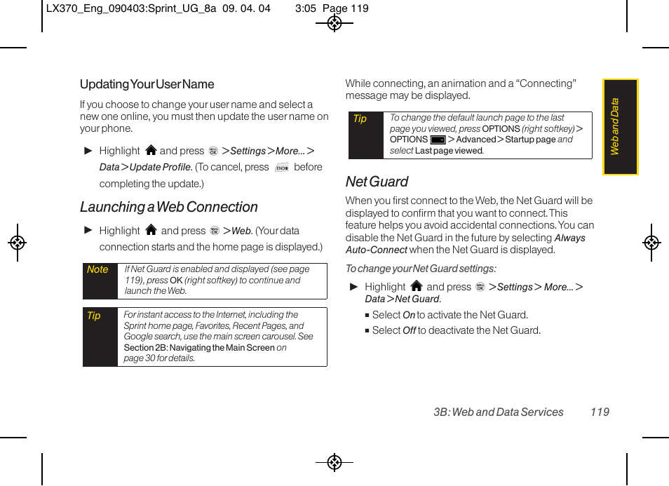 Launching a web connection, Net guard, Updating your user name | LG LX370 User Manual | Page 133 / 174
