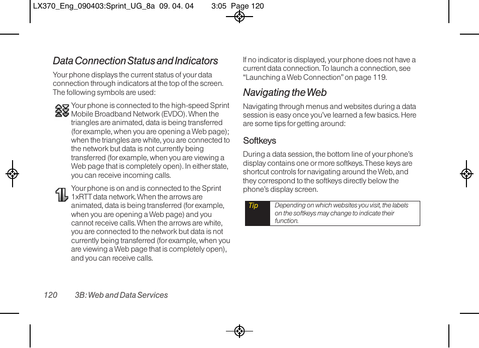 Data connection status and indicators, Navigating the web | LG LX370 User Manual | Page 134 / 174