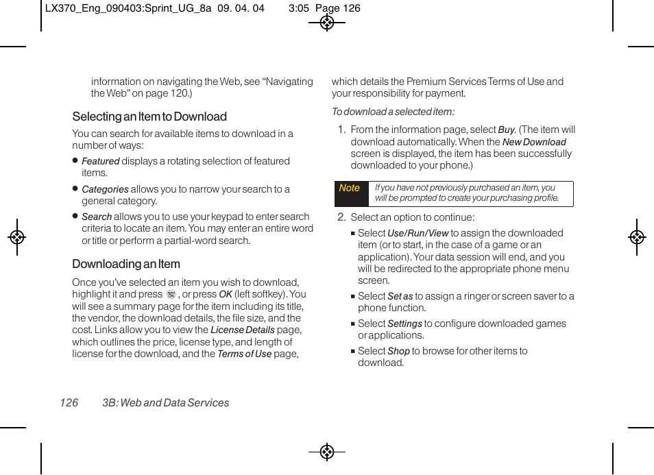 Selecting an item to download, Downloading an item | LG LX370 User Manual | Page 140 / 174