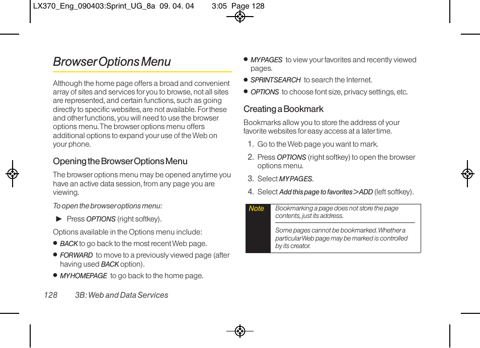 Browser options menu, Opening the browser options menu, Creating a bookmark | LG LX370 User Manual | Page 142 / 174