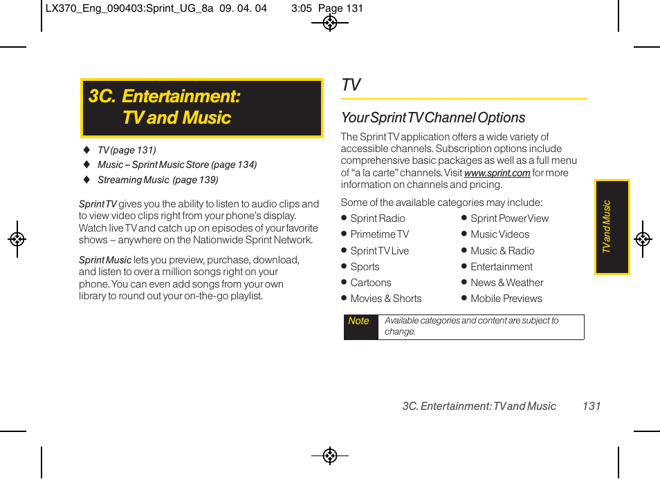 3c. entertainment: tv and music, Your sprint tvchannel options | LG LX370 User Manual | Page 145 / 174