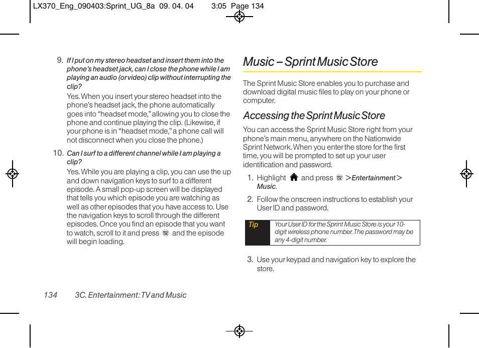 Music – sprint music store, Accessing the sprint music store | LG LX370 User Manual | Page 148 / 174