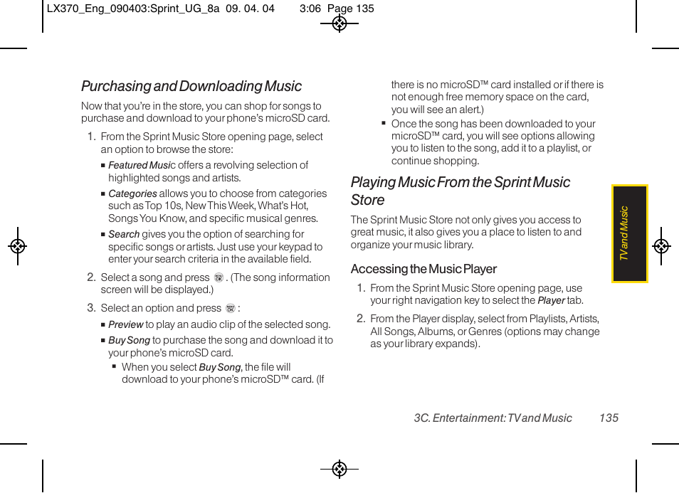 Purchasing and downloading music, Playing music from the sprint music store, Accessing the music player | LG LX370 User Manual | Page 149 / 174