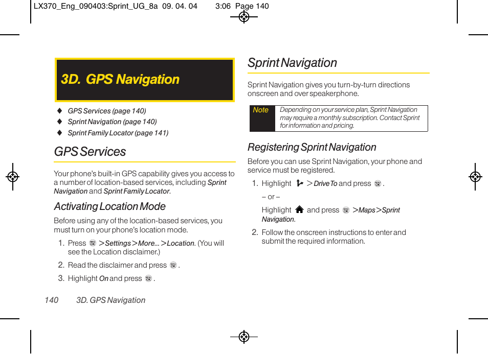 3d. gps navigation, Gps services, Sprint navigation | Activating location mode, Registering sprint navigation | LG LX370 User Manual | Page 154 / 174