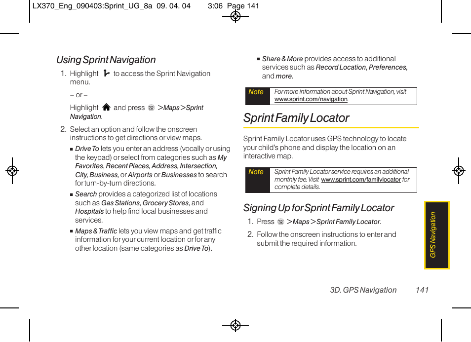 Sprint family locator, Using sprint navigation, Signing up for sprint family locator | LG LX370 User Manual | Page 155 / 174