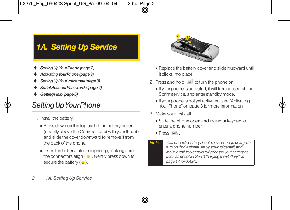 1a. setting up service, Setting up your phone | LG LX370 User Manual | Page 16 / 174