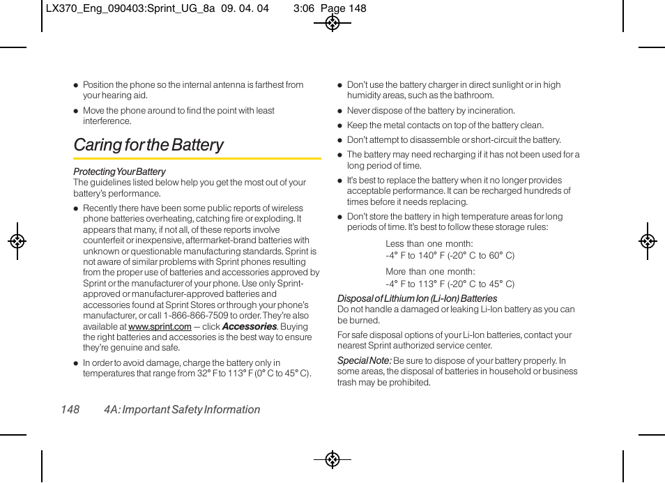 Caring for the battery, 148 4a: important safety information | LG LX370 User Manual | Page 162 / 174