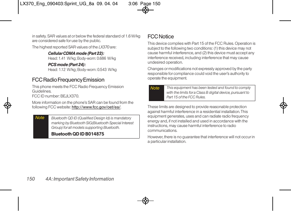 Fcc radio frequency emission, Fcc notice | LG LX370 User Manual | Page 164 / 174