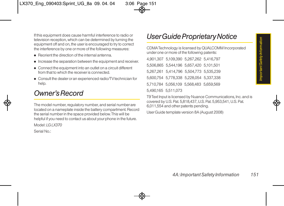 Owner’s record, User guide proprietary notice | LG LX370 User Manual | Page 165 / 174