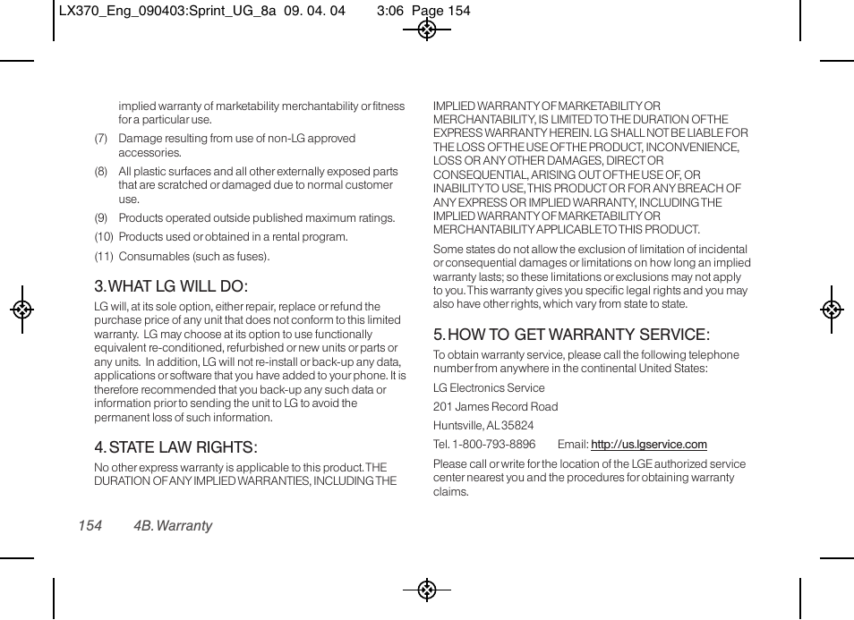 What lg will do, State law rights, How to get warranty service | LG LX370 User Manual | Page 168 / 174