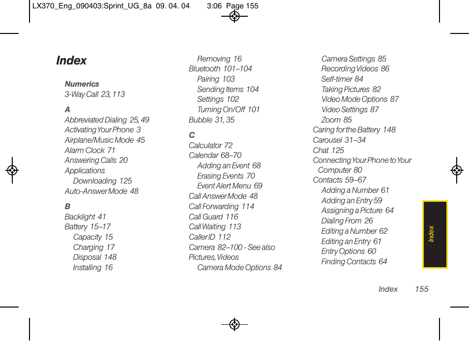 Index | LG LX370 User Manual | Page 169 / 174