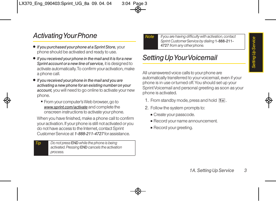 Activatingyour phone, Setting upyour voicemail | LG LX370 User Manual | Page 17 / 174