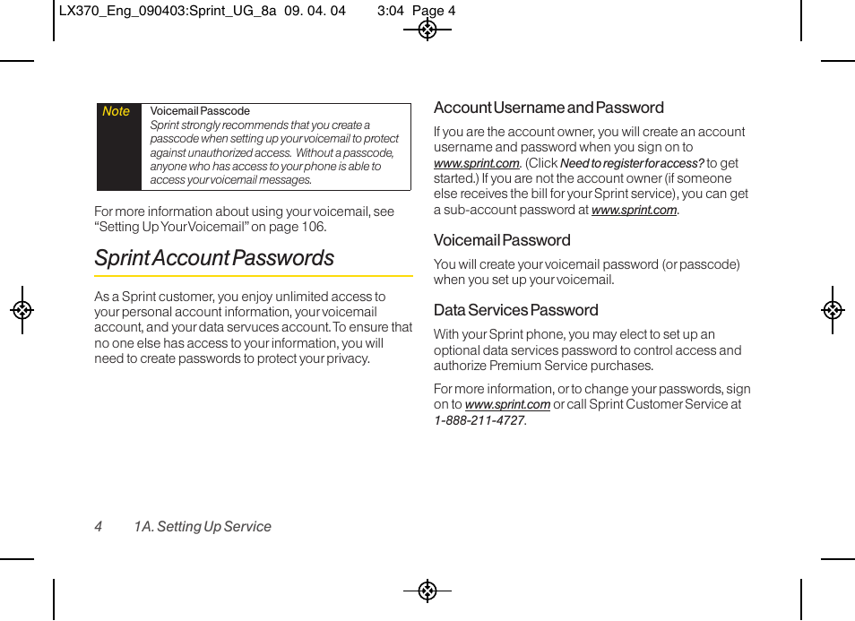 Sprintaccount passwords | LG LX370 User Manual | Page 18 / 174