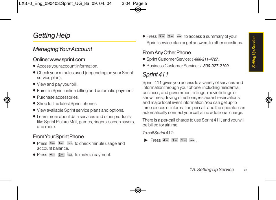 Getting help, Managing your account, Sprint 411 | LG LX370 User Manual | Page 19 / 174