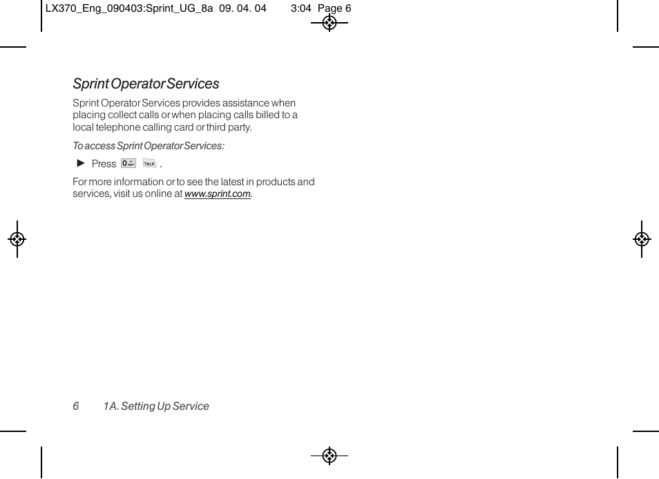 Sprint operator services | LG LX370 User Manual | Page 20 / 174