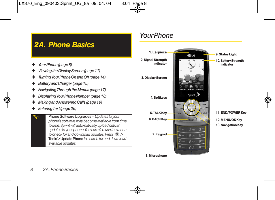 2a. phone basics, Your phone | LG LX370 User Manual | Page 22 / 174