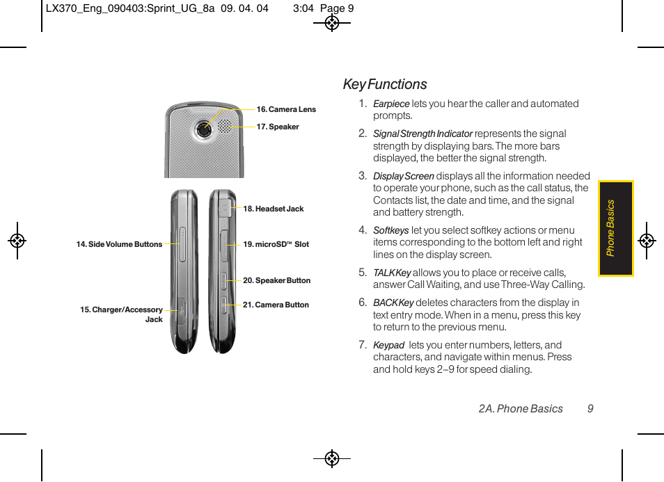 Key functions | LG LX370 User Manual | Page 23 / 174