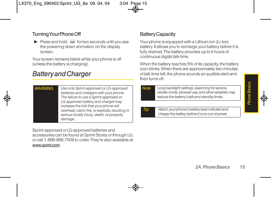 Battery and charger | LG LX370 User Manual | Page 29 / 174