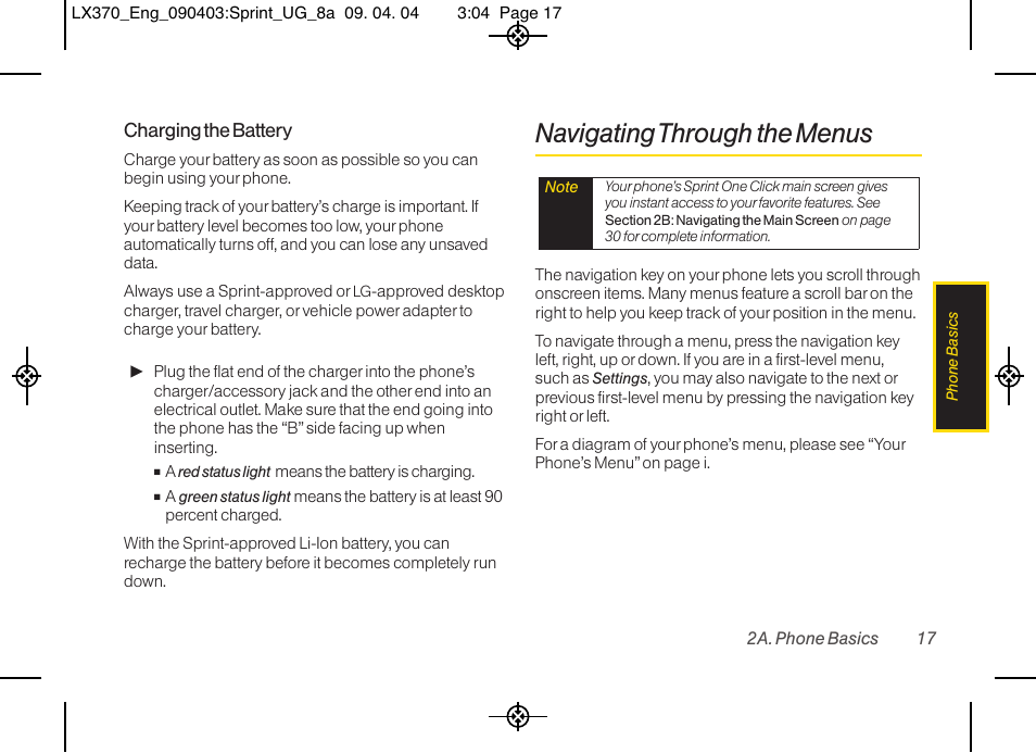 Navigating through the menus | LG LX370 User Manual | Page 31 / 174
