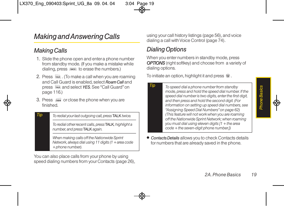 Making and answering calls, Making calls, Dialing options | LG LX370 User Manual | Page 33 / 174