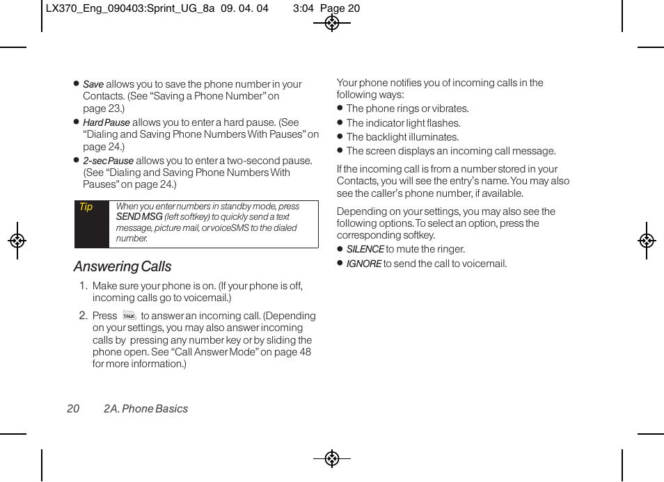 Answering calls | LG LX370 User Manual | Page 34 / 174