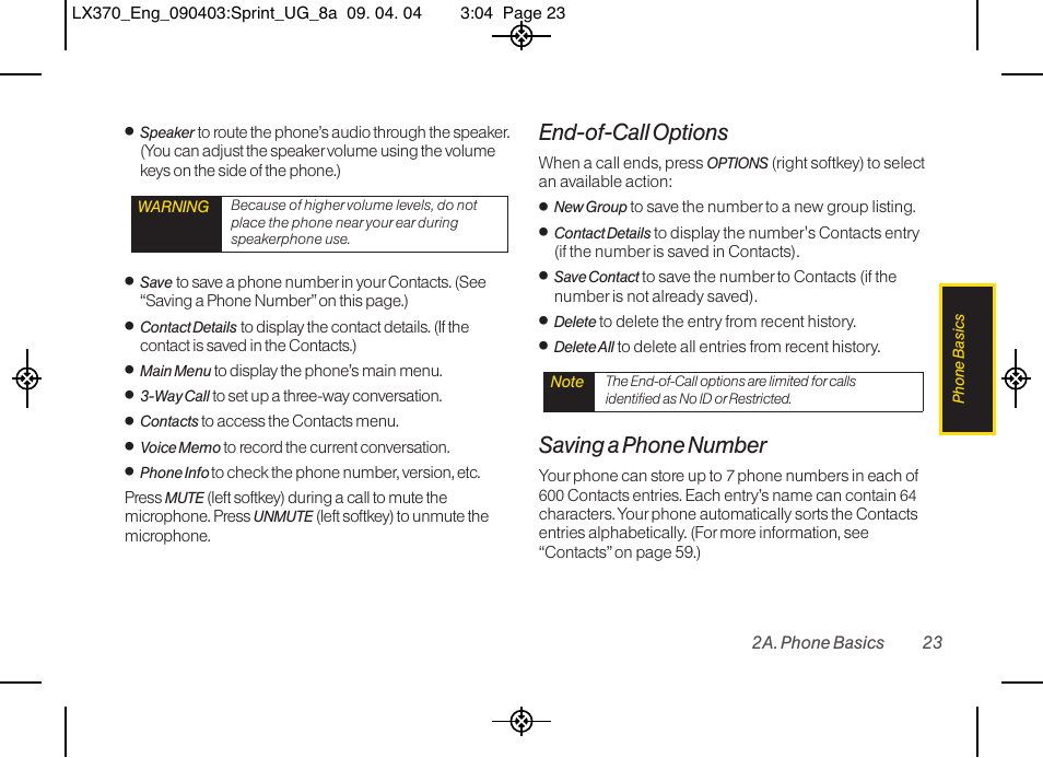 End-of-call options, Saving a phone number | LG LX370 User Manual | Page 37 / 174