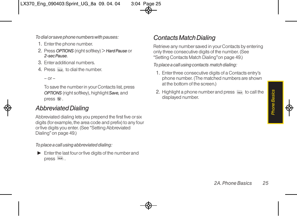 Abbreviated dialing, Contacts match dialing | LG LX370 User Manual | Page 39 / 174