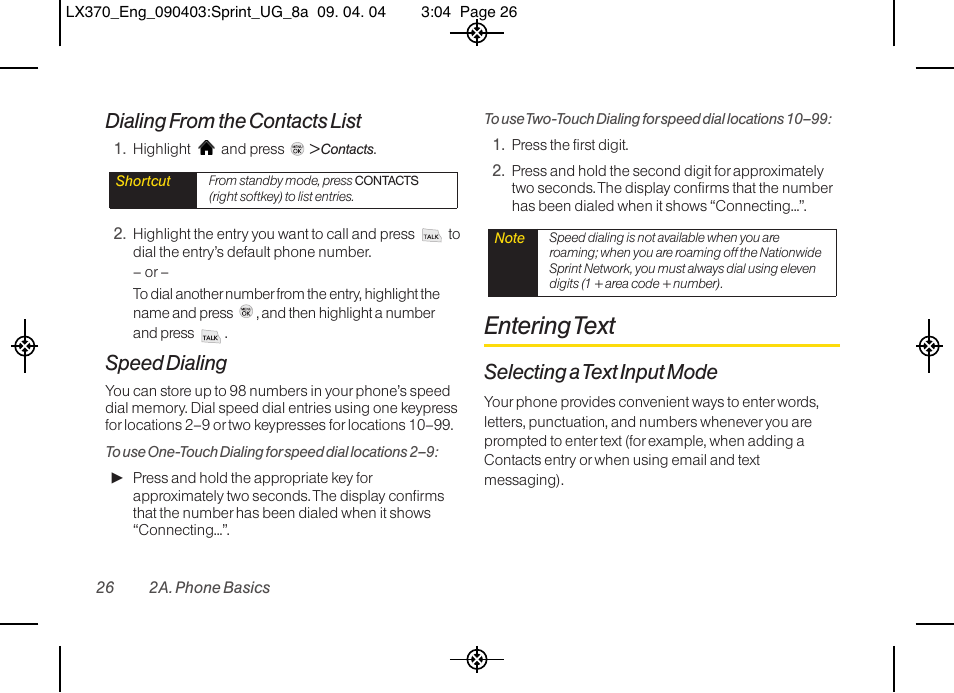 Entering text, Dialing from the contacts list, Speed dialing | Selecting a text input mode | LG LX370 User Manual | Page 40 / 174