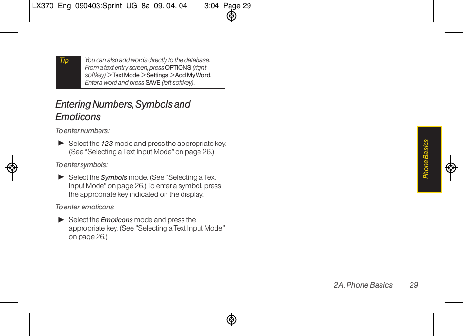 Entering numbers, symbols and emoticons | LG LX370 User Manual | Page 43 / 174